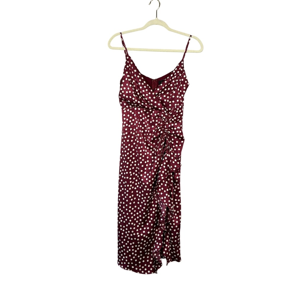 VICI Burgundy Polka Dot Ruched Ruffle Midi Dress Small Burgundy White